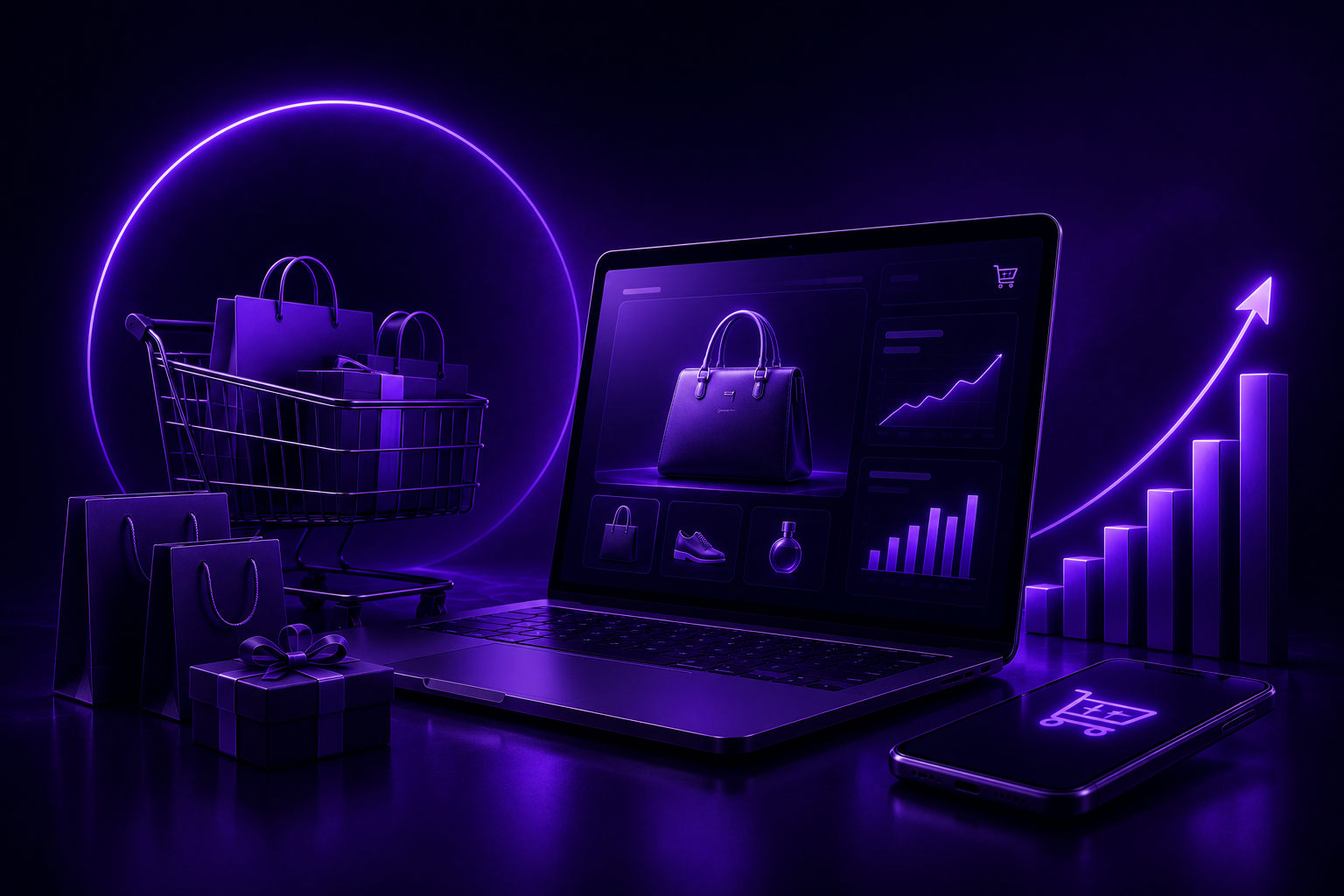 E-commerce growth dashboard, shopping cart, and rising sales chart